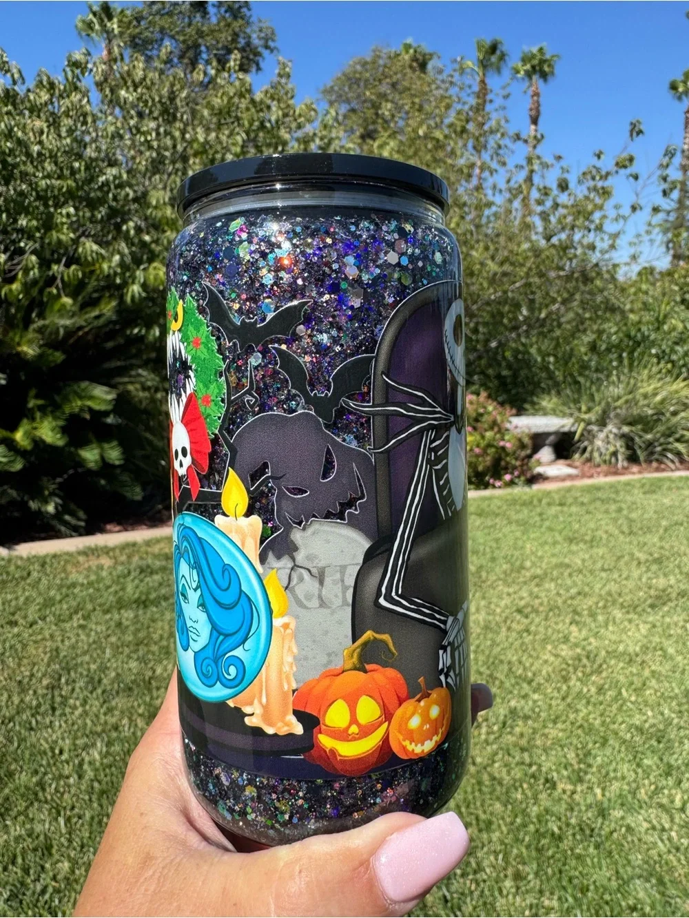 Haunted mansion holiday nightmares before Christmas snow globe glass Tumbler